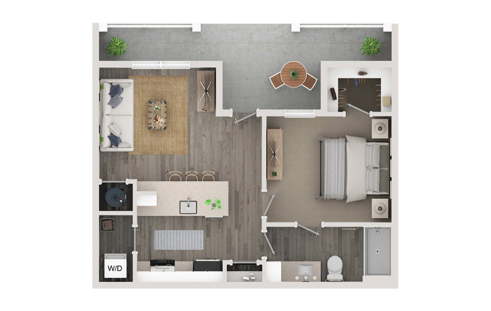 A1 - 1 bedroom floorplan layout with 1 bath and 645 to 676 square feet.