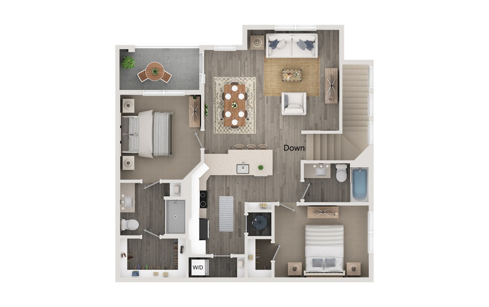 B1 - 2 bedroom floorplan layout with 2 bathrooms and 1037 square feet (Floor 1)