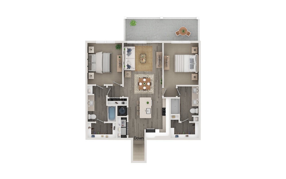 B2 - 2 bedroom floorplan layout with 2 bathrooms and 1071 - 1100 square feet (Floor 1)