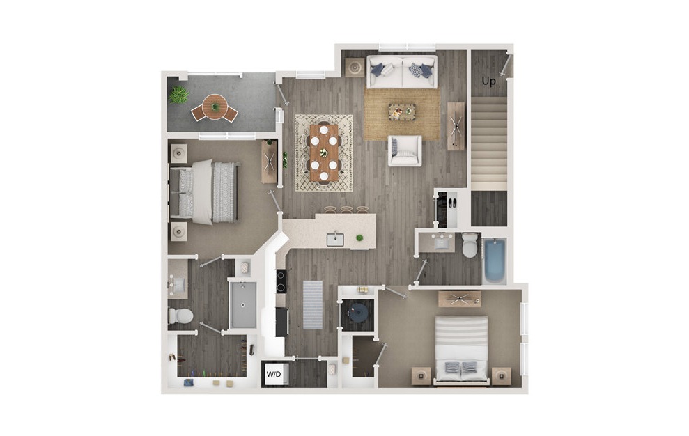 B3 - 2 bedroom floorplan layout with 2 baths and 1071 to 1147 square feet.