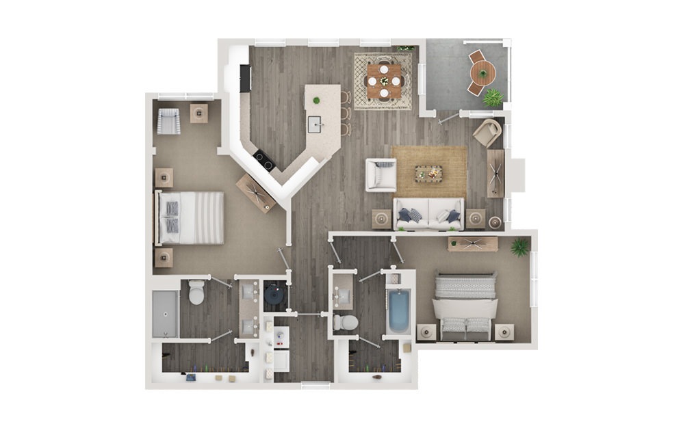 B4 - 2 bedroom floorplan layout with 2 bathrooms and 1228 square feet (Floor 1)