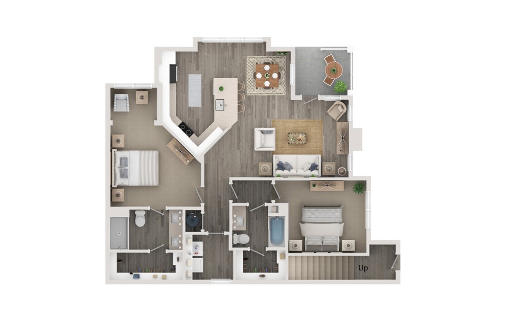 B5 - 2 bedroom floorplan layout with 2 bathrooms and 1228 square feet