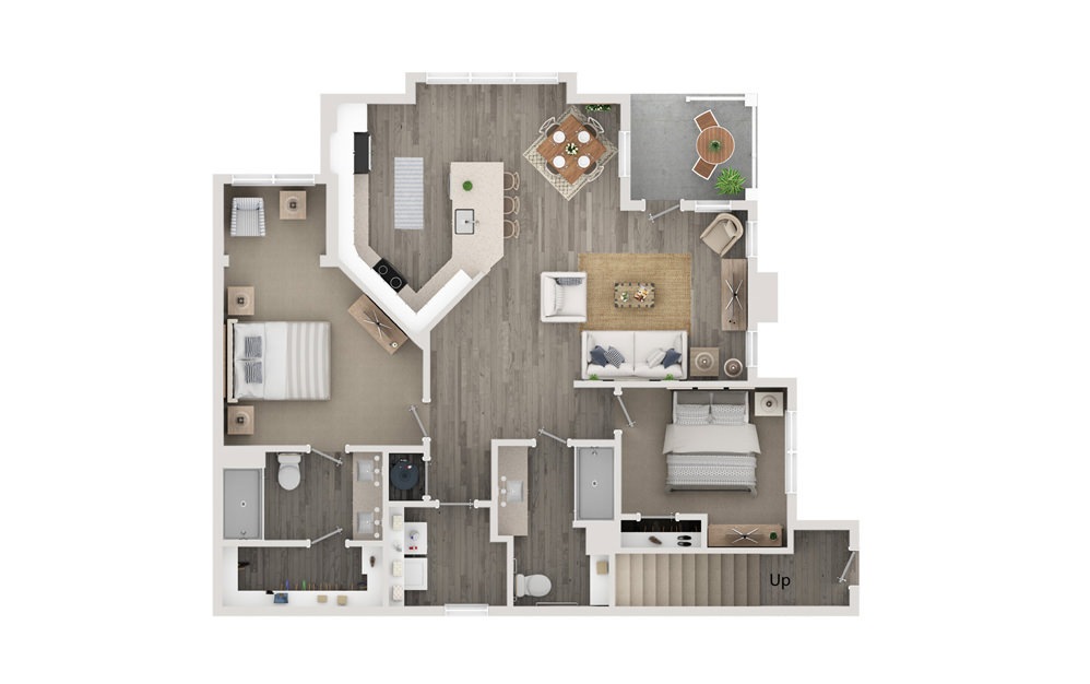 B6 - 2 bedroom floorplan layout with 2 bathrooms and 1228 square feet