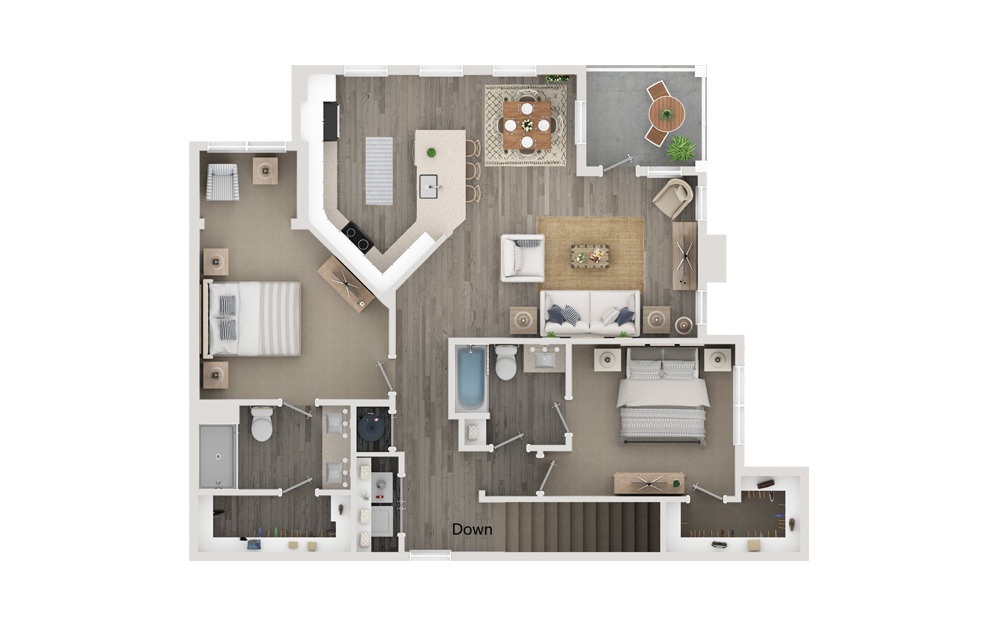 B7 - 2 bedroom floorplan layout with 2 bathrooms and 1260 square feet (Floor 1)