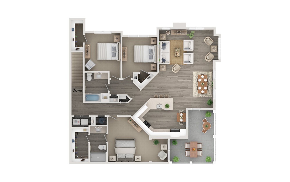 C1 - 3 bedroom floorplan layout with 2 bathrooms and 1592 square feet (Floor 1)