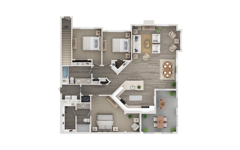 C2 - 3 bedroom floorplan layout with 2 bathrooms and 1634 square feet (Floor 1)